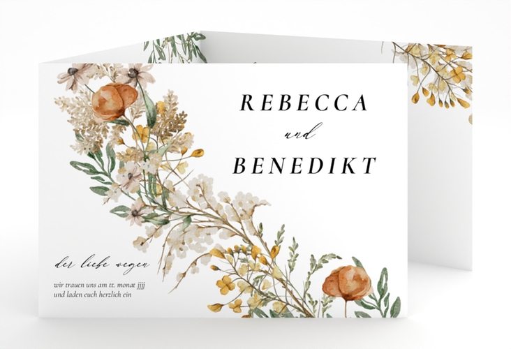 Hochzeitseinladung Wildfang A6 Doppel-Klappkarte weiss hochglanz mit getrockneten Wiesenblumen