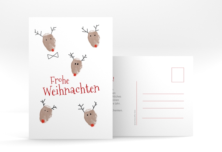 Weihnachtskarte "Rudolph" A6 Postkarte lustig mit Fingerabdruck-Rentieren