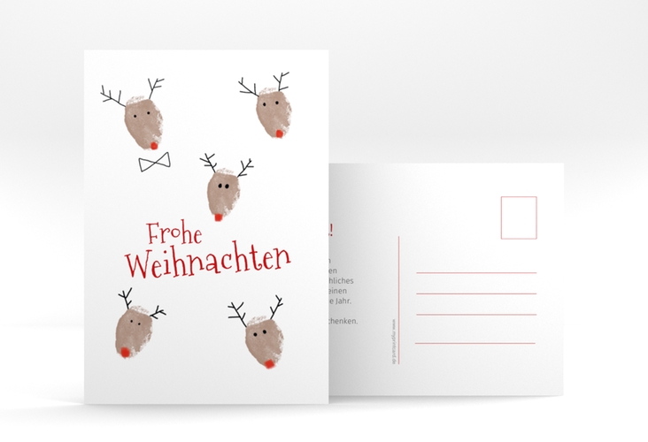 Weihnachtskarte Rudolph A6 Postkarte hochglanz lustig mit Fingerabdruck-Rentieren