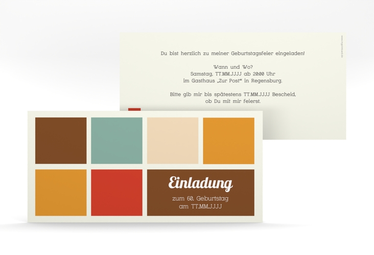 Einladung 60. Geburtstag Daniel/Daniela lange Karte quer in Retro-Farben