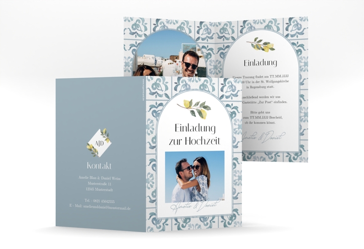 Einladungskarte Hochzeit Azulejo A6 Klappkarte hoch blau mit mediterranem Azulejo-Muster und Zitronen
