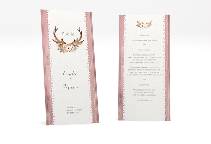 Menükarte Hochzeit Heimatjuwel lange Karte hoch rosa mit Hirschgeweih und Holz-Hintergrund