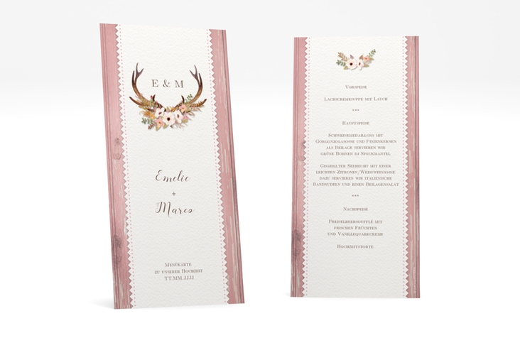 Menükarte Hochzeit Heimatjuwel lange Karte hoch rosa mit Hirschgeweih und Holz-Hintergrund