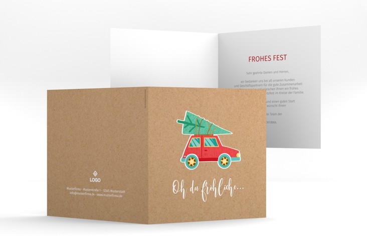Geschäftliche Weihnachtskarte Weihnachtslust quadr. Klappkarte Kraftpapier humorvoll mit Weihnachtsbaum auf Auto