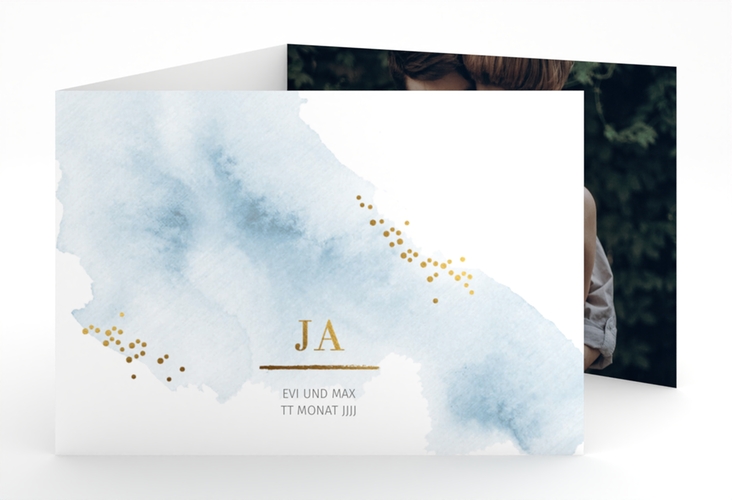 Hochzeitseinladung Pastell A6 Doppel-Klappkarte blau hochglanz