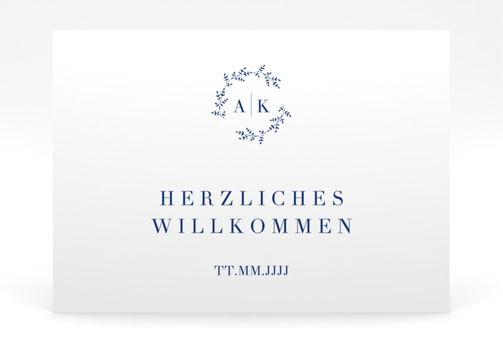 Willkommensschild Poster Filigrana 70 x 50 cm Poster blau in reduziertem Design mit Initialen und zartem Blätterkranz
