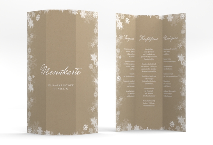 Menükarte Hochzeit Snowfall A4 Wickelfalzkarte Kraftpapier hochglanz mit Schneeflocken für Winterhochzeit