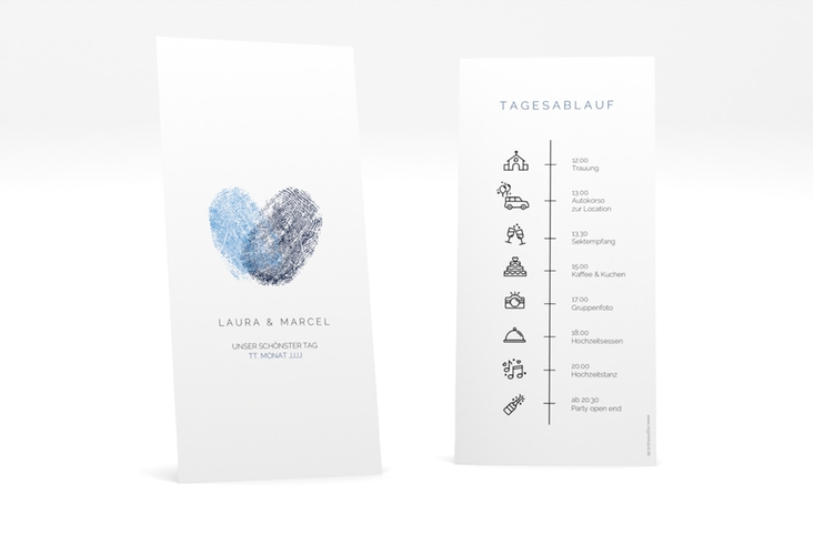 Tagesablauf Hochzeit Fingerprint lange Karte hoch blau schlicht mit Fingerabdruck-Motiv