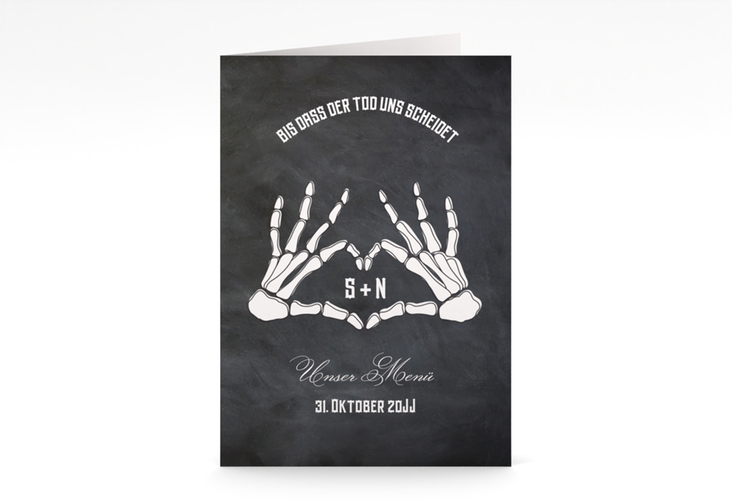 Menükarte Hochzeit Skeleton A5 Klappkarte hoch schwarz hochglanz mit Skelett-Händen