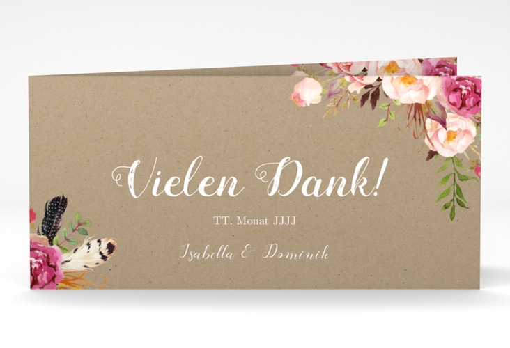 Danksagungskarte Hochzeit Flowers lange Klappkarte quer Kraftpapier hochglanz mit bunten Aquarell-Blumen