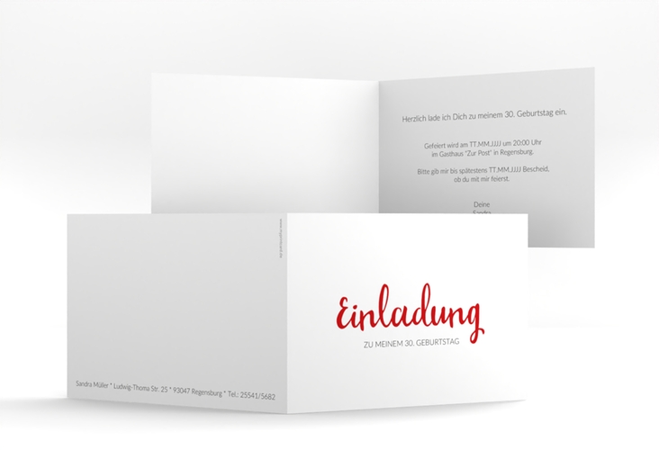 Einladung Geburtstag Handwriting A6 Klappkarte quer rot