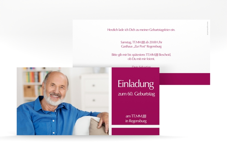Einladung 60. Geburtstag Gerd/Gerda lange Karte quer pink mit Foto