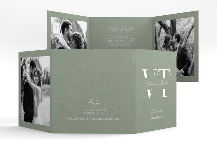 Dankeskarte Hochzeit Everlasting quadr. Doppel-Klappkarte gruen mit großen Initialen