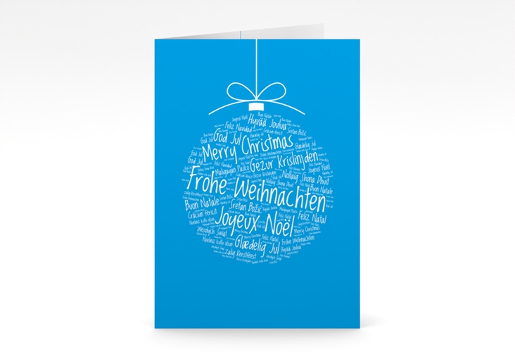 Business-Weihnachtskarte Wunderkugel A6 Klappkarte hoch blau schlicht mit Christbaumkugel