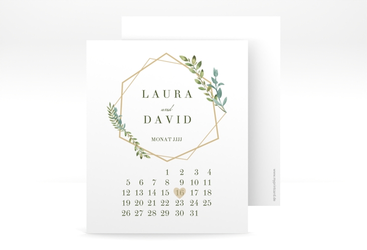 Save the Date-Kalenderblatt Herbarium Kalenderblatt-Karte hochglanz mit geometrischem Rahmen und Blätter-Dekor
