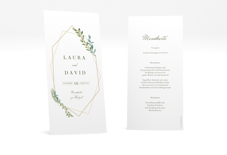 Menükarte Hochzeit Herbarium lange Karte hoch gold mit geometrischem Rahmen und Blätter-Dekor