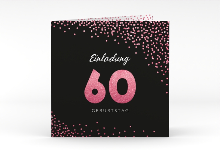 Einladung 60. Geburtstag Glitzer quadr. Klappkarte pink hochglanz