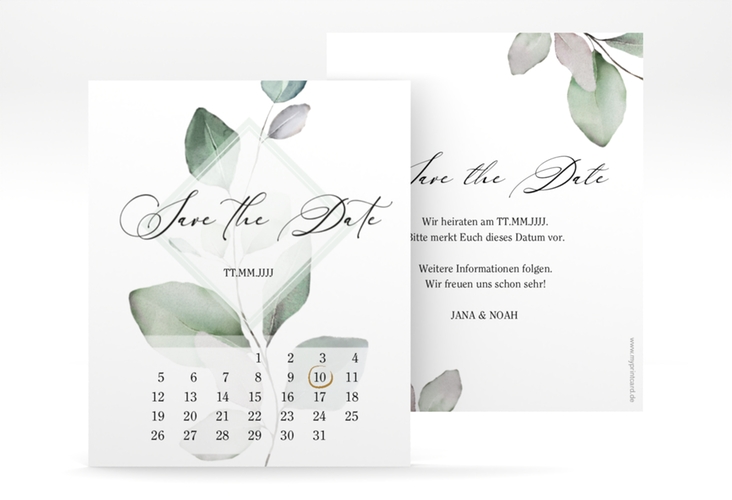 Save the Date-Kalenderblatt Foglia Kalenderblatt-Karte hochglanz edel mit Eukalyptus im Aquarell-Design