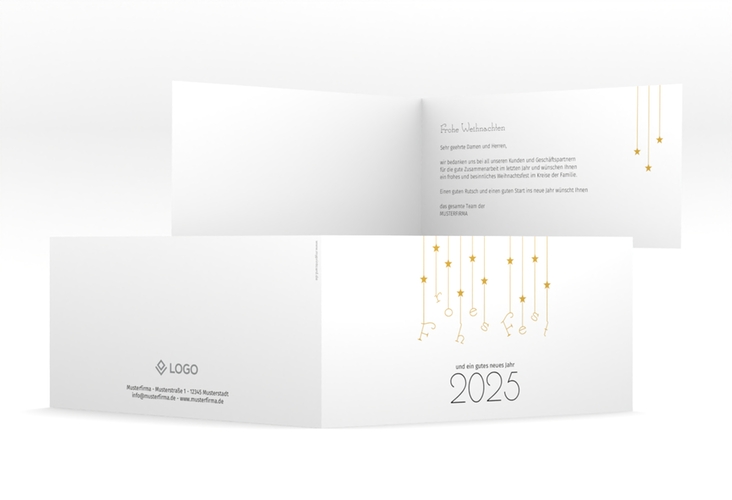Geschäftliche Weihnachtskarte Windspiel lange Klappkarte quer weiss hochglanz schlicht mit Sternchen-Girlande und Jahreszahl