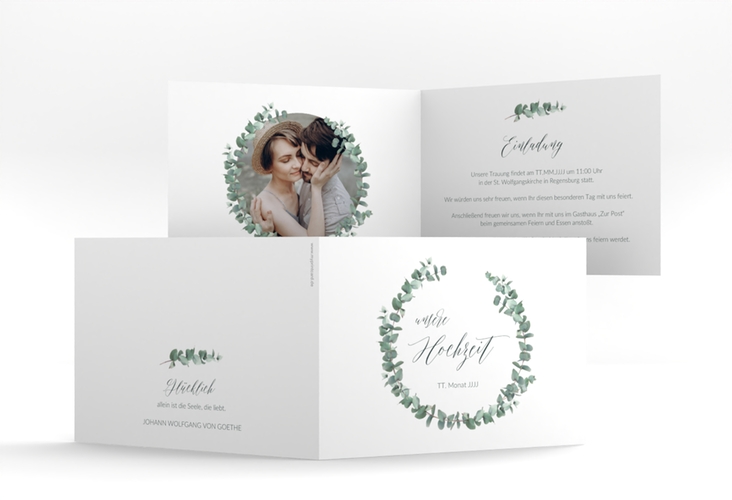 Hochzeitseinladung Silverleaf A6 Klappkarte quer weiss mit Eukalyptus-Zweig