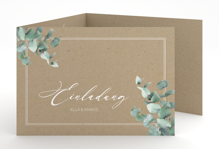 Hochzeitseinladung Eucalypt A6 Doppel-Klappkarte Kraftpapier hochglanz mit Eukalyptus und edlem Rahmen