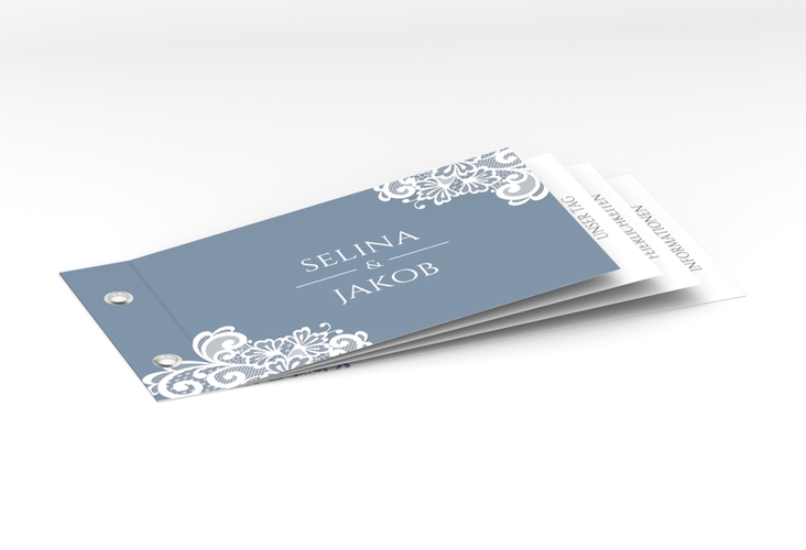 Hochzeitseinladung Vintage Booklet blau hochglanz mit floraler Spitze