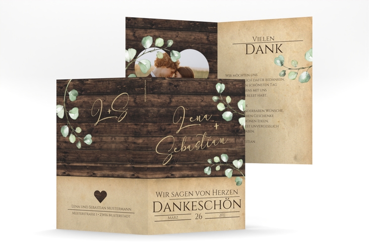 Dankeskarte Hochzeit Landhaus A6 Klappkarte hoch braun in Holz-Optik mit Eukalyptus