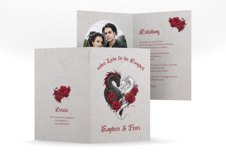 Einladungskarte Hochzeit Drachenliebe A6 Klappkarte hoch grau mit schwarzem und weißem Drachen zu einem Herz verschlungen