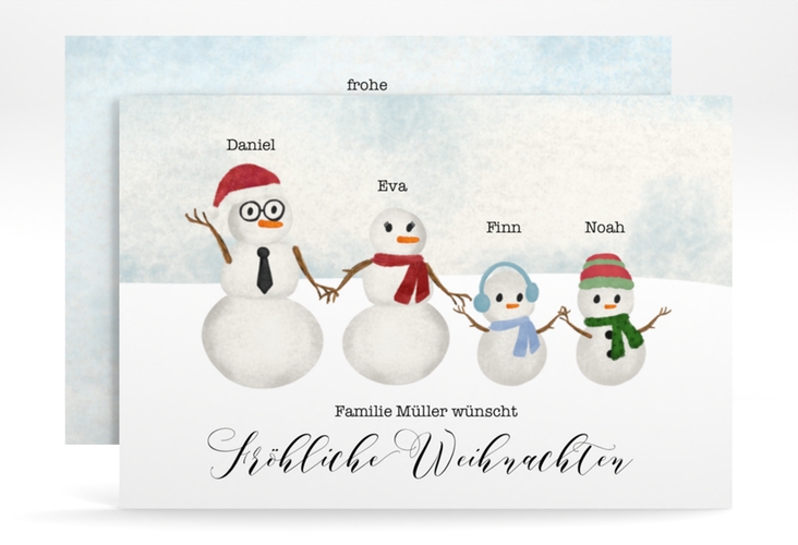 Weihnachtskarte Schneemann Familie A6 Karte quer blau für Weihnachtsgrüße mit Familienfoto