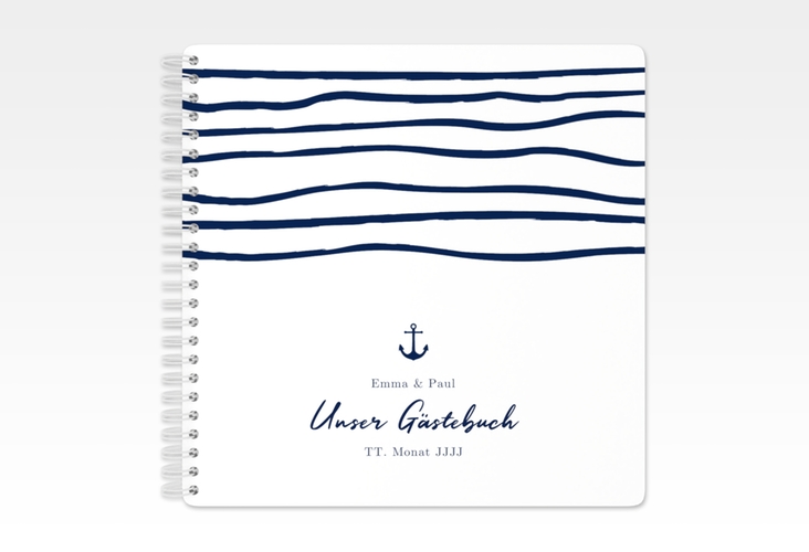 Gästebuch Hochzeit Liebesanker Ringbindung blau mit maritimem Streifenmuster und kleinem Anker