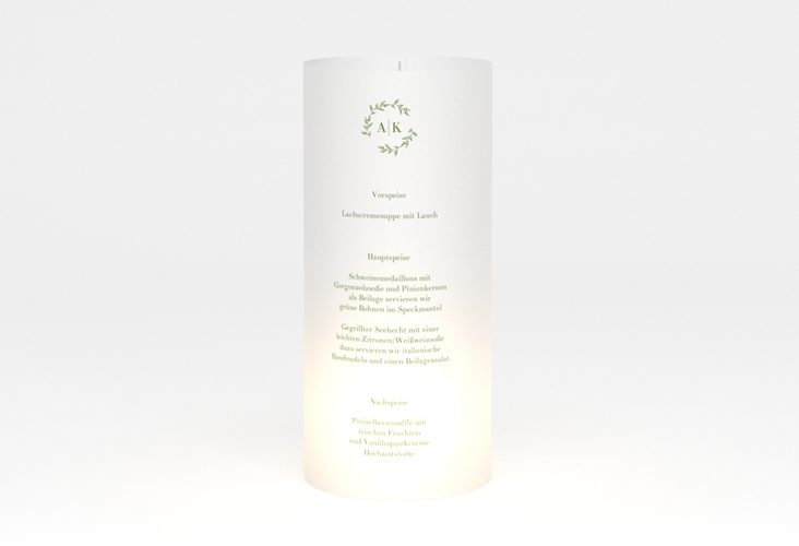 Windlicht Menü Hochzeit Filigrana Windlicht gruen in reduziertem Design mit Initialen und zartem Blätterkranz