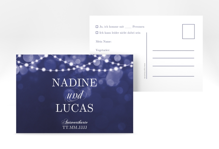 Antwortkarte Hochzeit Lichtspiel A6 Postkarte blau hochglanz