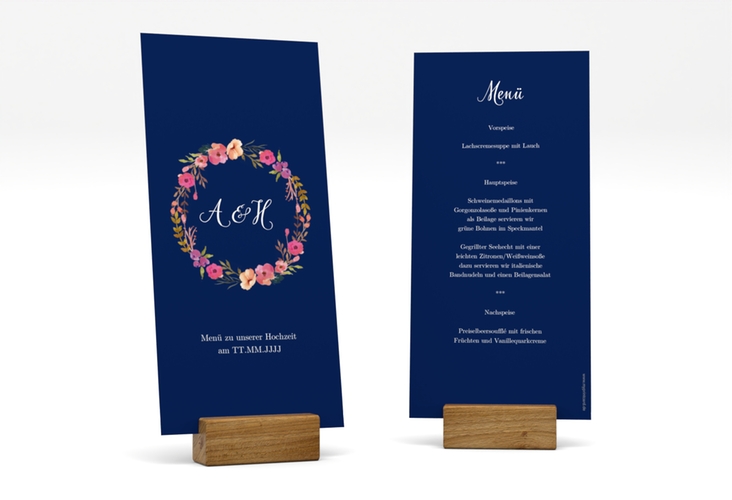 Menükarte Hochzeit Fiore lange Karte hoch blau