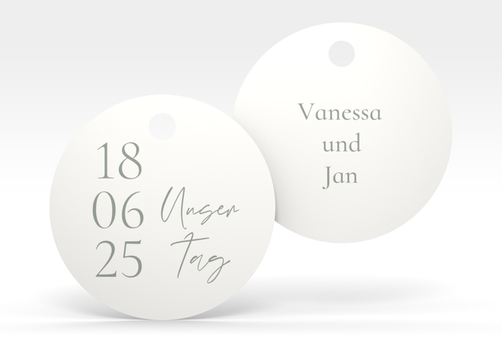 Geschenkanhänger Hochzeit Day Geschenkanhänger, rund weiss hochglanz mit Datum im minimalistischen Design
