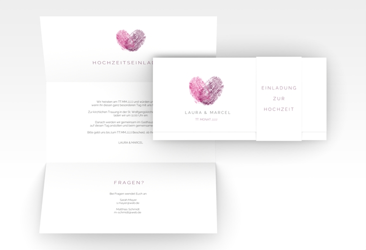 Hochzeitseinladung Fingerprint Wickelfalzkarte + Banderole pink schlicht mit Fingerabdruck-Motiv