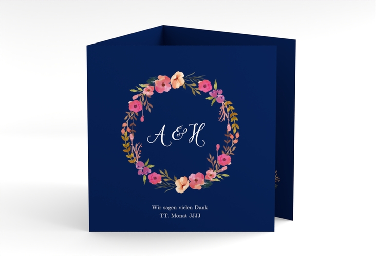 Dankeskarte Hochzeit Fiore quadr. Doppel-Klappkarte blau hochglanz
