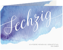 Einladung 60. Geburtstag Aquarell A6 Klappkarte quer blau mit erhobenem Skelett-Mittelfinger