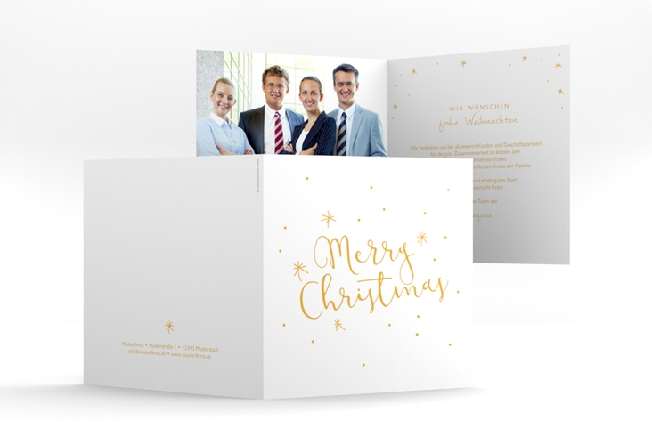 Geschäftliche Weihnachtskarte Winterfreude quadr. Klappkarte gold hochglanz
