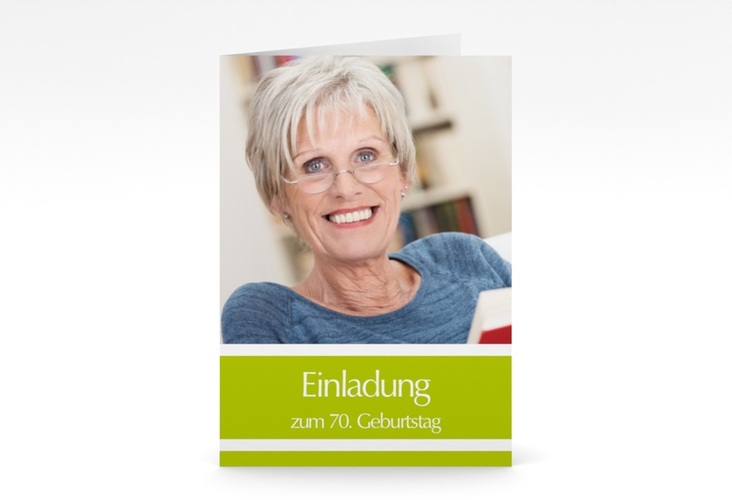 Einladung 70. Geburtstag Gerd/Gerda A6 Klappkarte hoch gruen mit Foto