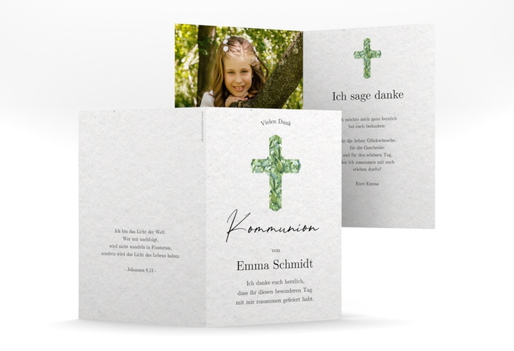 Danksagung Kommunion Botanic Cross A6 Klappkarte hoch gruen