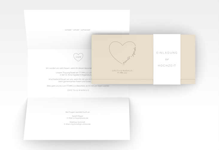 Hochzeitseinladung Lebenstraum Wickelfalzkarte + Banderole beige