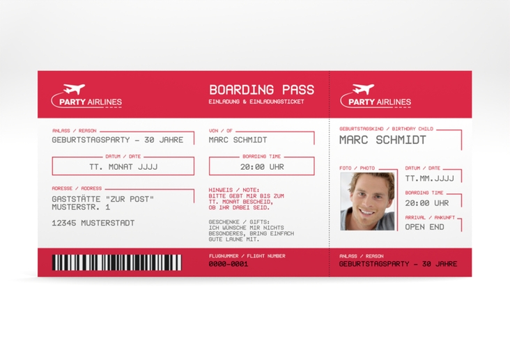 Einladung 30. Geburtstag Boardingpass lange Karte quer rot hochglanz im Flugticket-Design