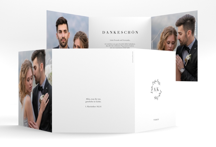 Dankeskarte Hochzeit Filigrana quadr. Doppel-Klappkarte schwarz hochglanz in reduziertem Design mit Initialen und zartem Blätterkranz