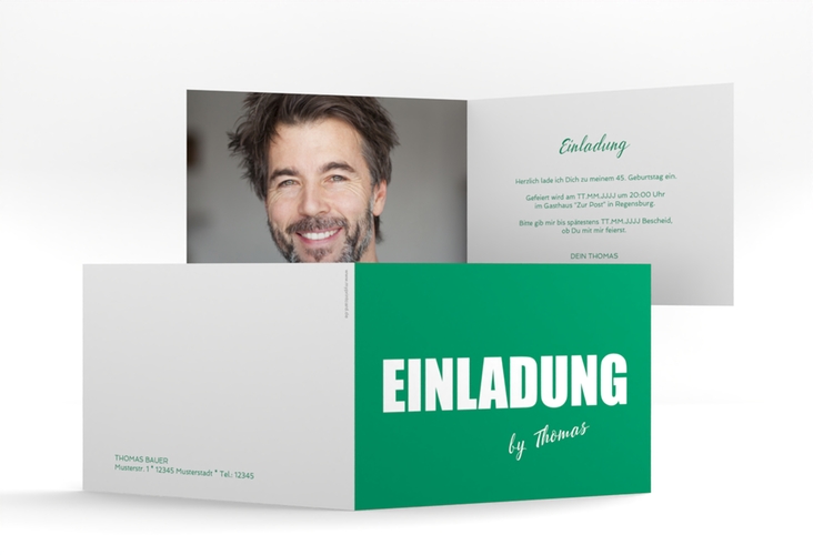 Einladung Geburtstag Zig A6 Klappkarte quer gruen