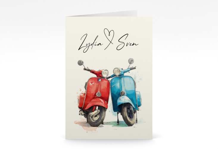 Einladungskarte Hochzeit Retro Roller A6 Klappkarte hoch mit zwei aneinander gelehnten Motorrollern