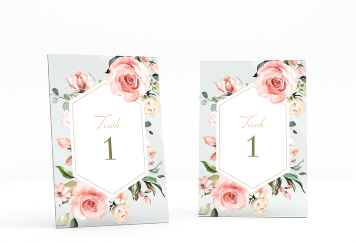 Tischnummer Acryl Hochzeit Graceful Tischaufsteller Acryl weiss hochglanz mit Rosenblüten in Rosa und Weiß