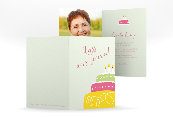 Einladung 60. Geburtstag Cake A6 Klappkarte hoch gruen