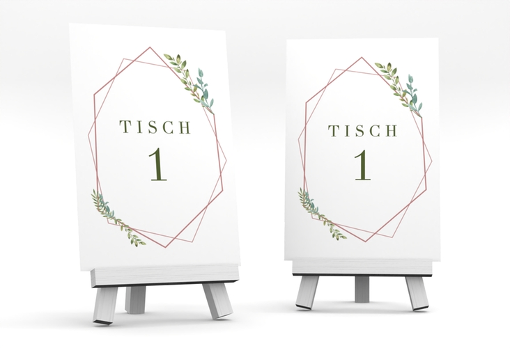 Tischnummer Hochzeit Herbarium Tischaufsteller rosa mit geometrischem Rahmen und Blätter-Dekor
