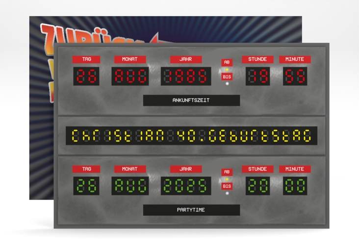 Einladung 40. Geburtstag Timemachine A6 Karte quer grau
