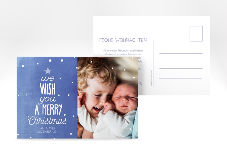 Weihnachtskarte Schneeglitzern A6 Postkarte blau hochglanz mit Aquarellfarbe und Kinderfoto